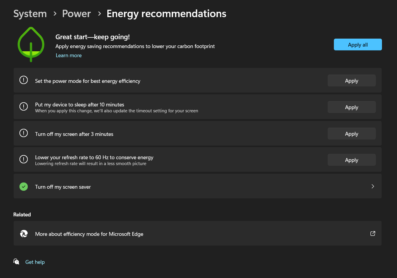 Energy Recommendation on Windows 11