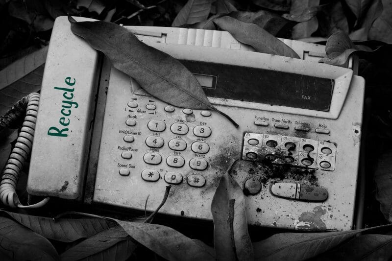 Old and broken fax machine covered in leaves, symbolizing electronic waste and the need to recycle fax machines responsibly.